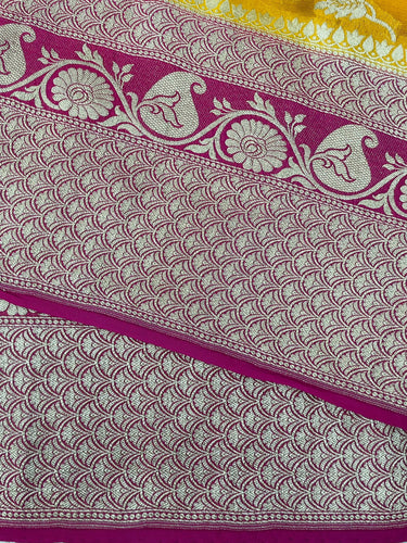 Banarasi Chiffon Saree | Turmeric Yellow with Bright Pink Border | Silver Zari | Handwoven | Ships from California
